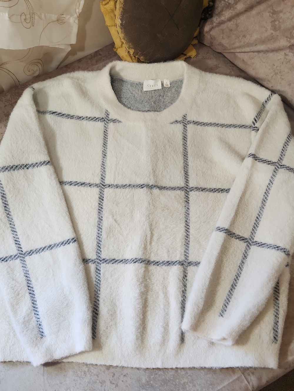Cyrus Cream Crewneck Sweater with Gray Windowpane